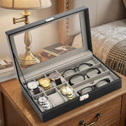 Portable watch and glasses organizer case holding 6 watches and 3 glasses for protected storage