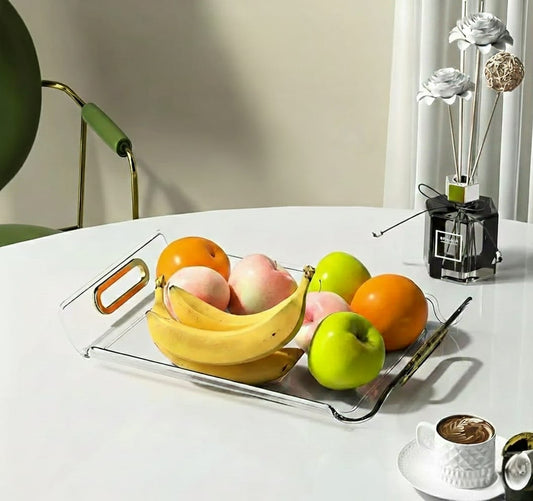 Clear acrylic rectangular tray with curved edges and gold accents