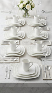 24-piece Square plain ceramic dinner set with cups, side plates, soup plates, and dinner plates