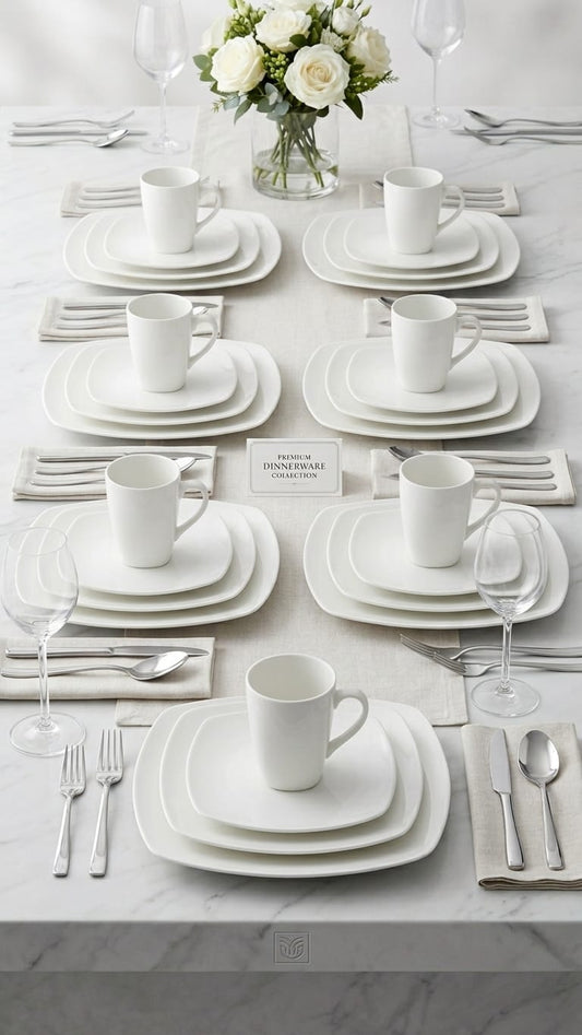 24-piece Square plain ceramic dinner set with cups, side plates, soup plates, and dinner plates