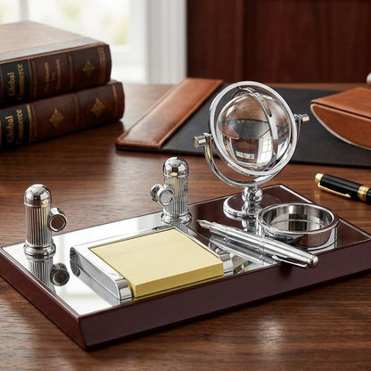 Mirror Wooden Desktop Organizer with Crystal Ball Pen and Business Card Holder