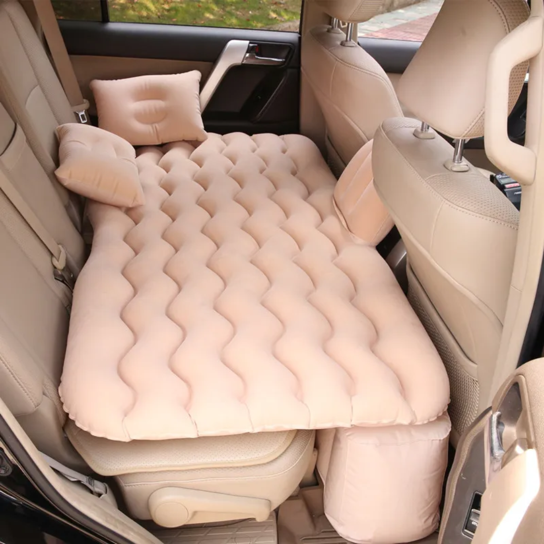 Car travel inflatable mattress, universal back seat air bed for camping, travel, and long drives in black and light grey. 