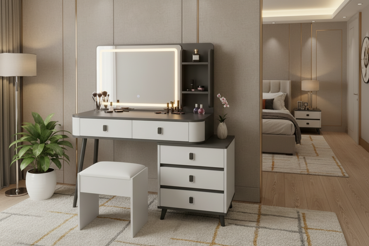 LED Dressing Table with Drawers, Shelves, and Stool