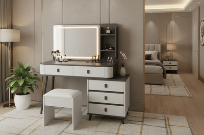 LED Dressing Table with Drawers, Shelves, and Stool