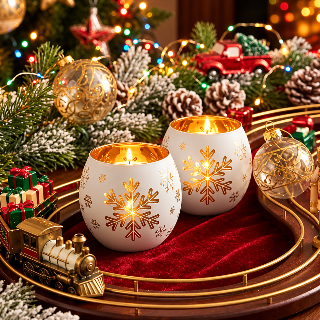 2Pc Glass Snowflake Tealight Candle Holders Set with Snowman or Father Christmas Prints for Christmas Table Decor