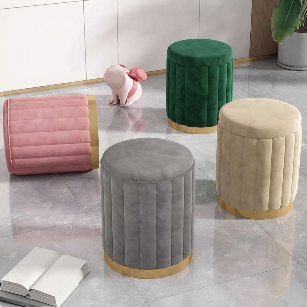 Velvet pouf ottoman stool with hidden storage in grey, green, cream and brown