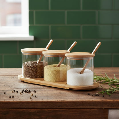 3-in-1 Glass Sugar Set With Bamboo Stand