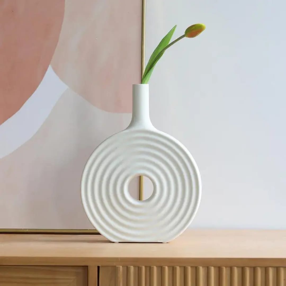 Modern round white ceramic decorative vase for elegant home décor