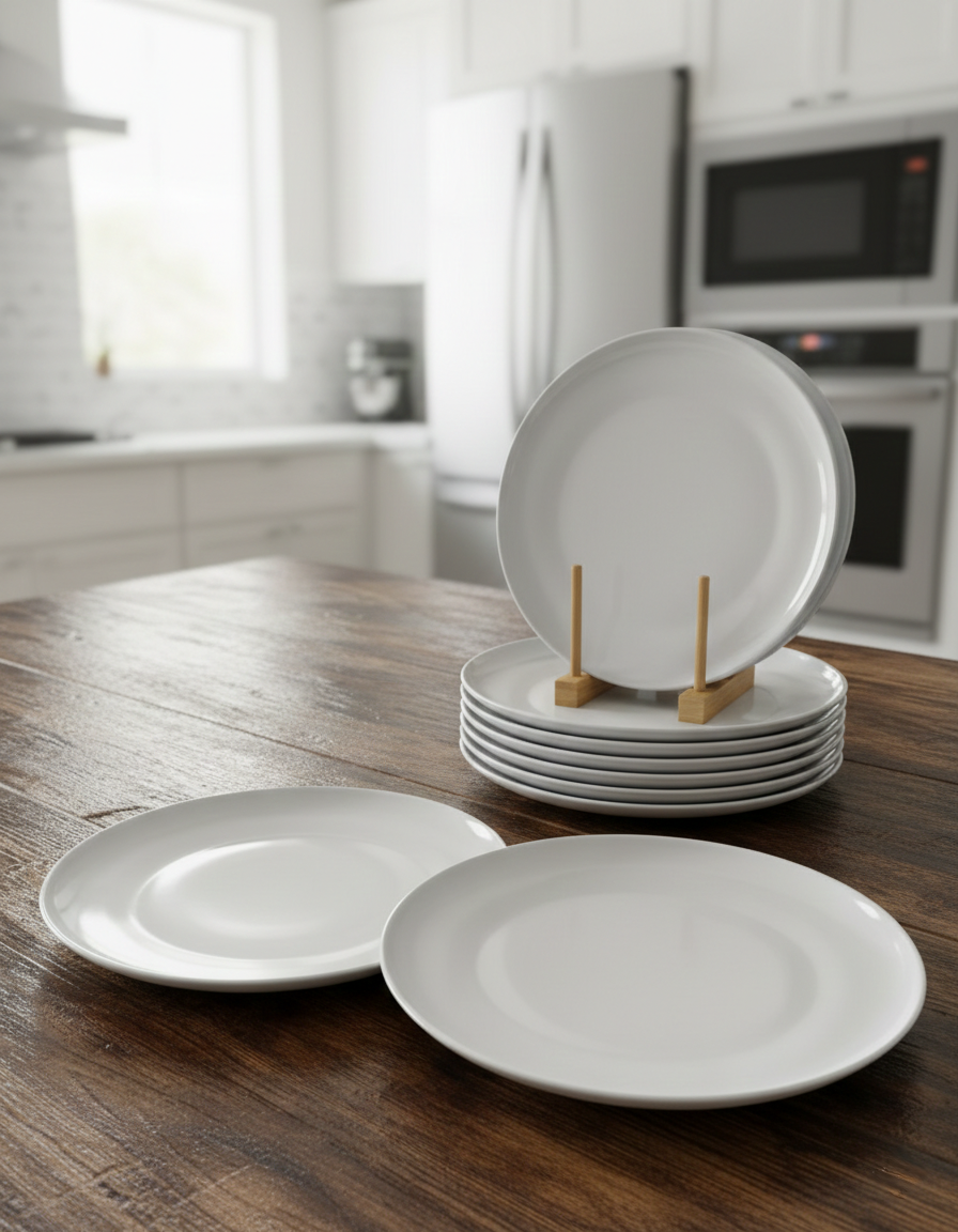 Set of six 10.5 inch white ceramic dinner plates