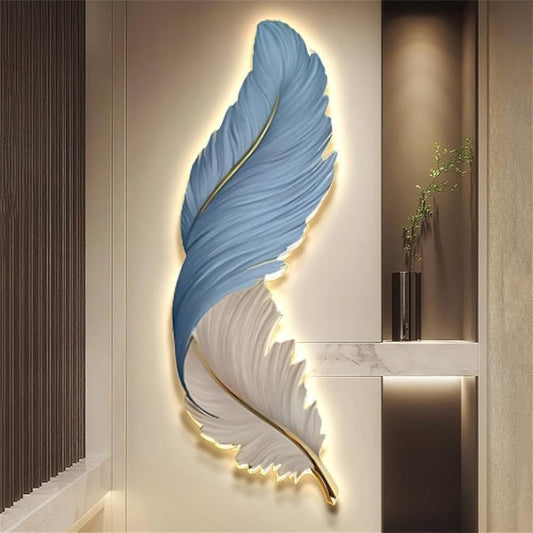 Blue Nordic feather wall art with built-in back lights for home or office décor