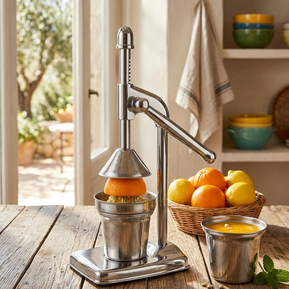 Heavy duty metallic manual citrus juicer stand machine for fresh orange and lemon juice extraction