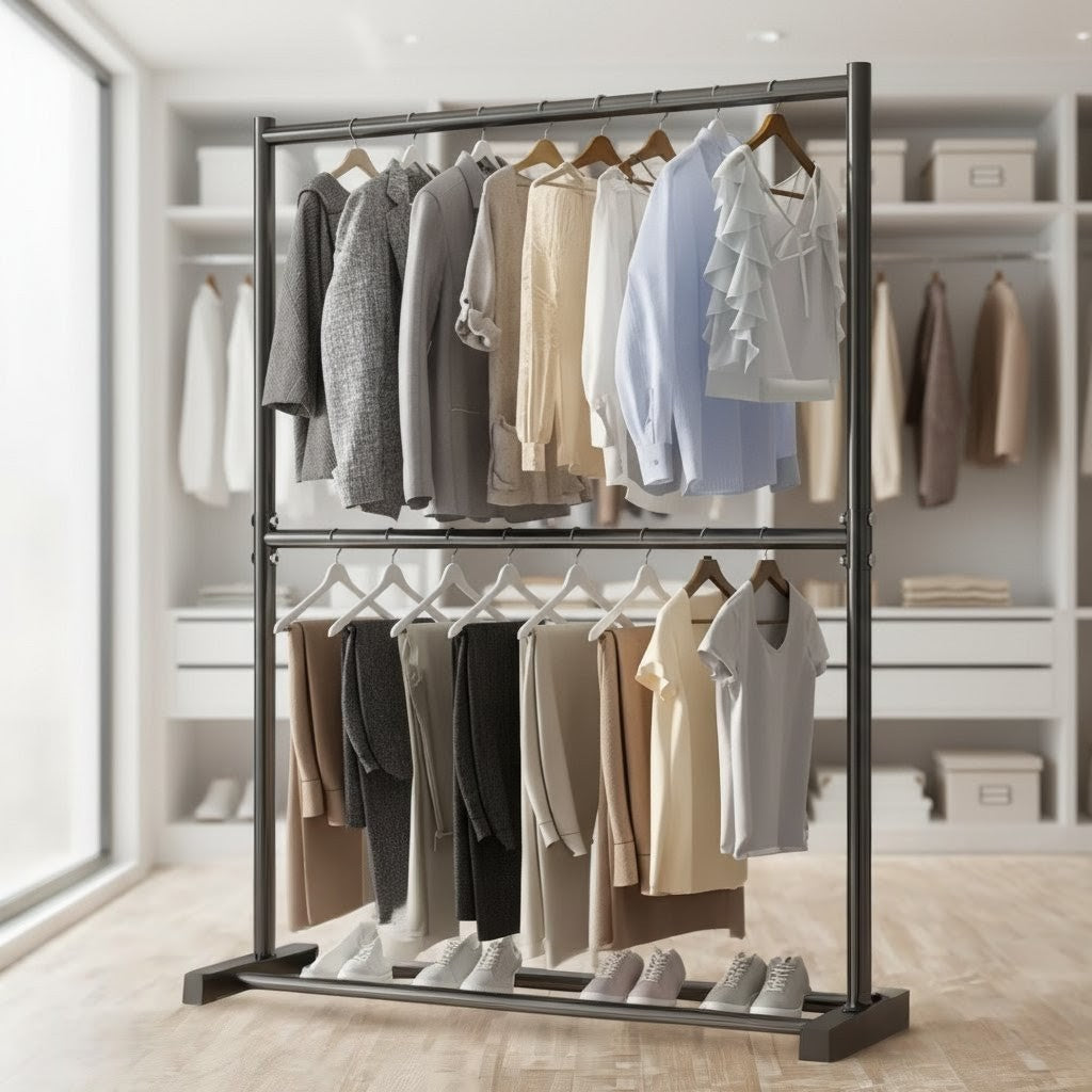 Clothing rack with clothes in a room with shelves and a window.