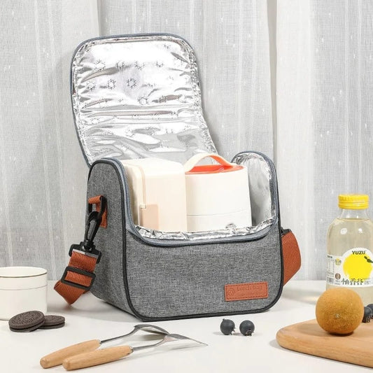 Oxford thermal insulated lunch bag in navy blue and grey, size 21 × 16 × 19 cm