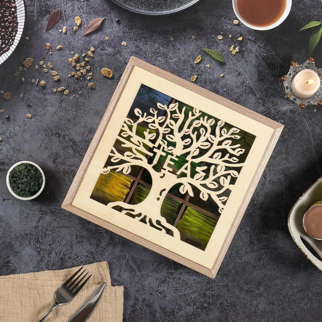 Handmade family tree wooden tea and coffee organizer with clear top, large capacity, natural wood, decorative kitchen storage

 