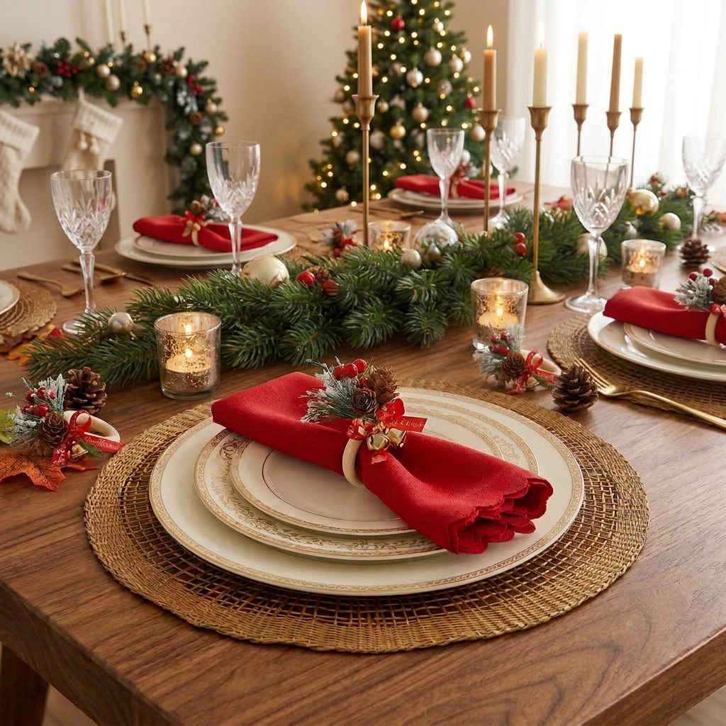 3Pc Christmas Cedar Red Fruit Wooden Napkin Rings with Bow and Bell