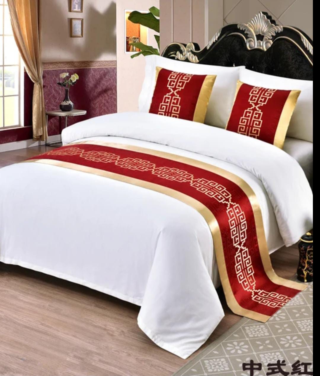 European embroidered bed runner with two pillow cases, luxury bedding décor set for home and hotel use
