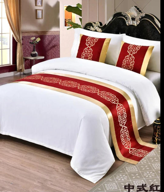 European embroidered bed runner with two pillow cases, luxury bedding décor set for home and hotel use