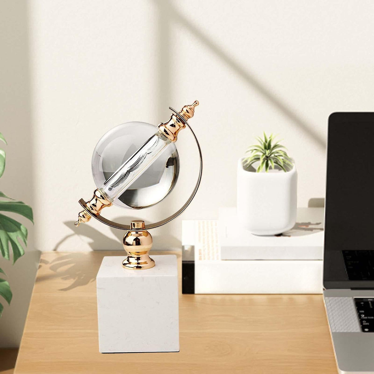 Marble base crystal ball décor with clear crystal sphere and solid marble stand for office desk home shelf console table and luxury interior decoration