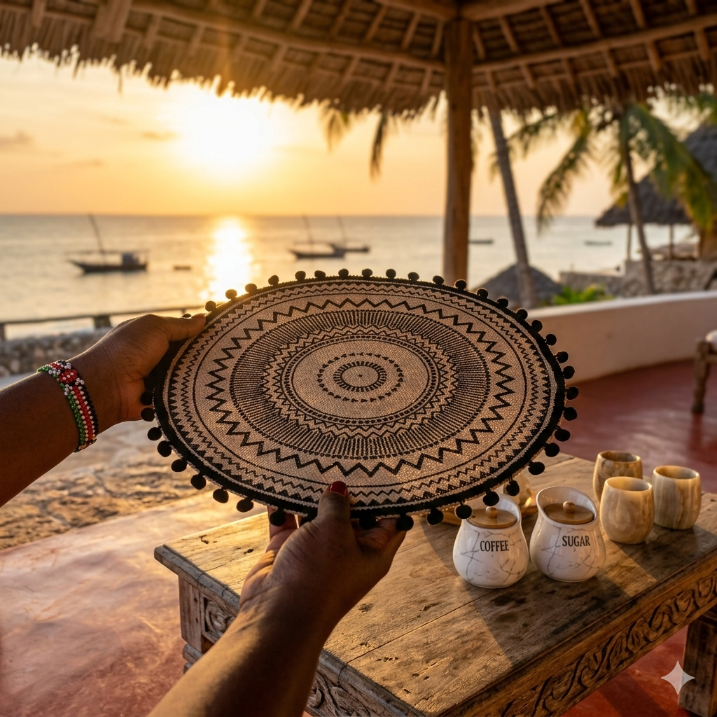 Round woven jute table mats in different designs for dining table décor