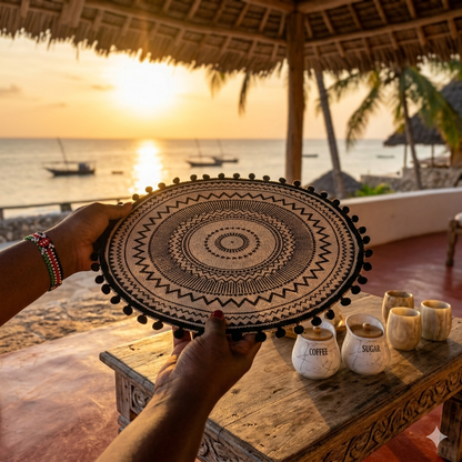 Round woven jute table mats in different designs for dining table décor
