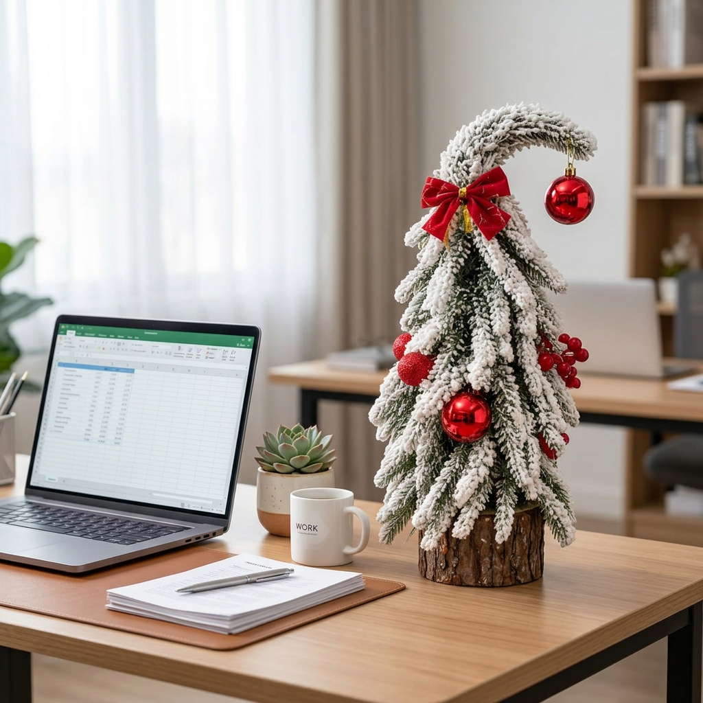 Decorated Snow Flocked Mini Christmas Tree with Red and Gold Ornaments