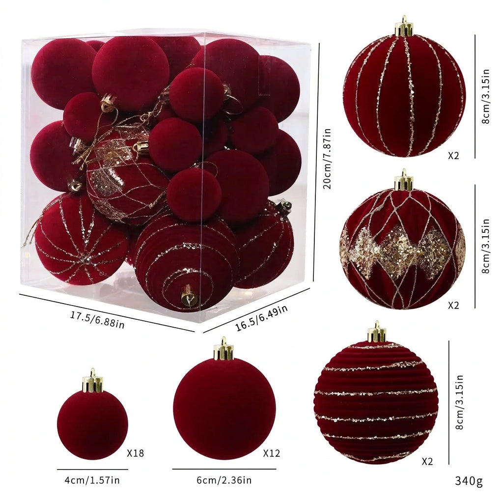 36-Piece Burgundy Velvet Christmas Bauble Set with Gold Glitter Details