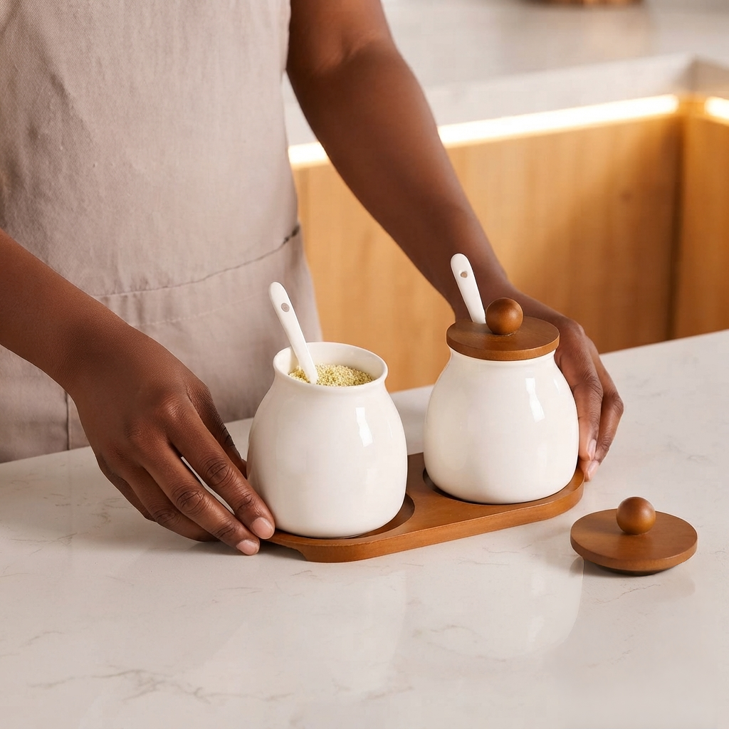 3 Piece Ceramic Canister Set with Bamboo Base 480ml