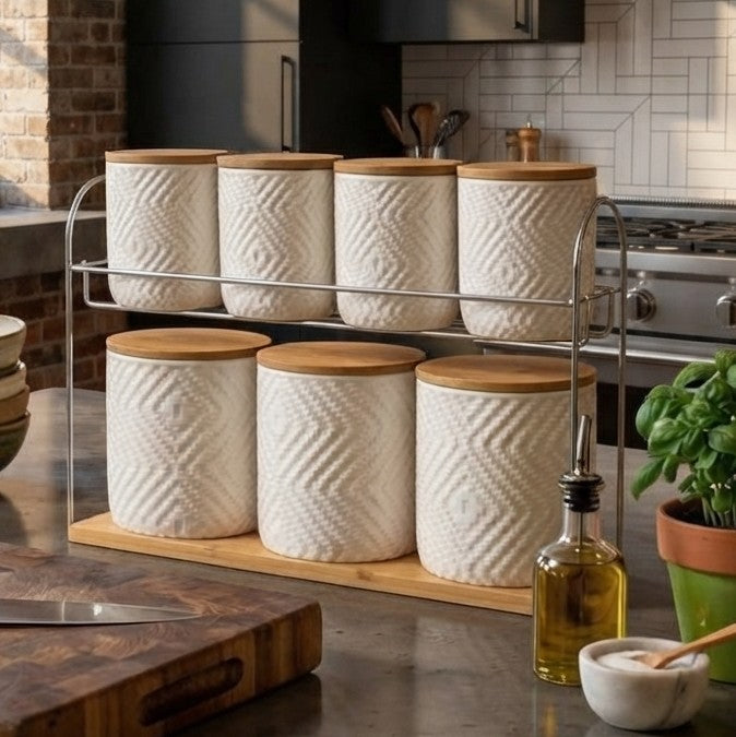 8 Piece Ceramic Canister Set with Bamboo Lids and Tray