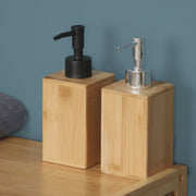 Eco friendly bamboo soap dispenser 2 piece set with black pump tops refillable containers for hand soap lotion sanitiser and dishwashing liquid.