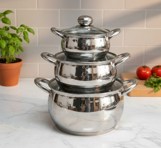 Three-piece stainless steel cooking pots with glass lids