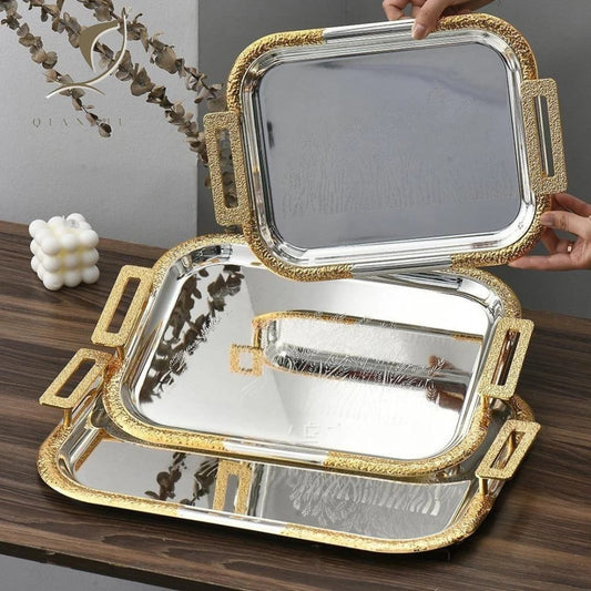 Set of 3 rectangular stainless steel luxury serving trays with elegant gold-coated handles in assorted sizes