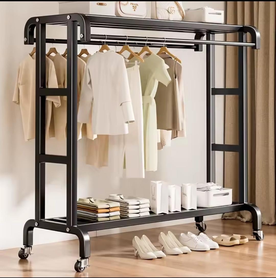 Floor standing clothes drying rack with top shelf and lower storage shelf white indoor garment hanger for bedroom balcony laundry room and household organisation 148x50.5x110cm.