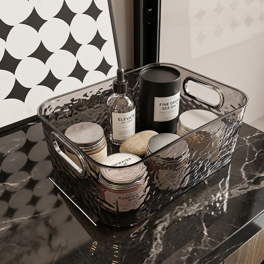 Transparent cosmetic organizer in clear and grey for bathroom and dressing table storage