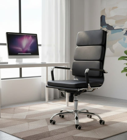 Ergonomic leather office chair with padded seat and back support.