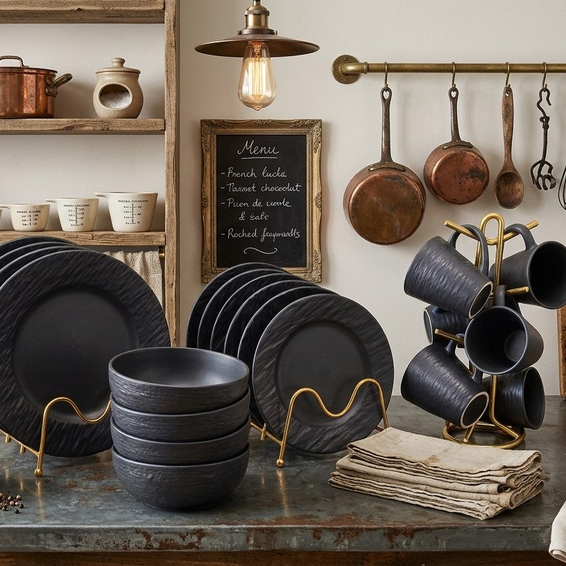 24pc black ceramic dinner set with elegant and unique modern dining design. 🍽️🖤