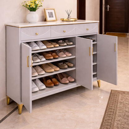Wooden shoe cabinet sideboard with glass top, multi purpose storage cabinet 120x100x40cm. 🪵✨