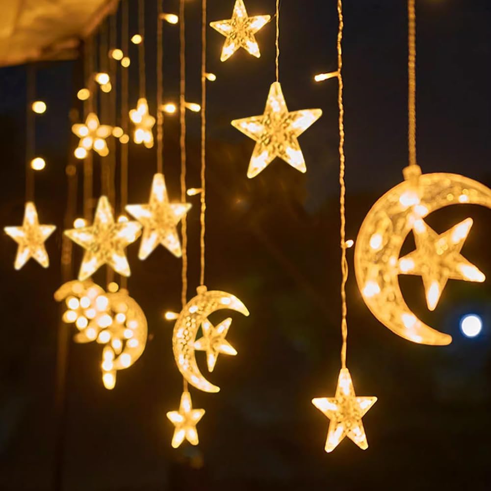 10 piece star and moon LED curtain garland lights with warm white illumination, 3.5 metre USB powered string for home and festive decoration.