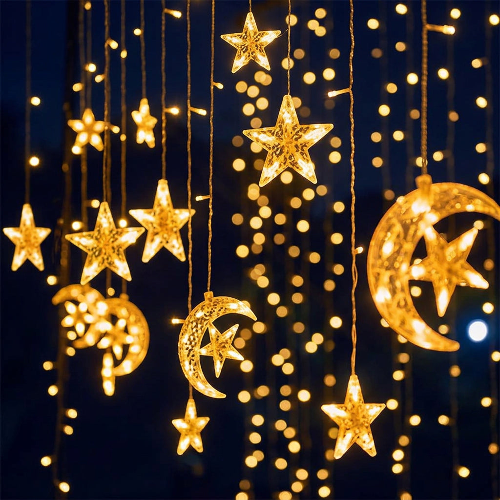 10 piece star and moon LED curtain garland lights with warm white illumination, 3.5 metre USB powered string for home and festive decoration.