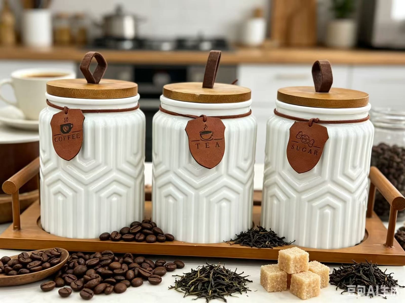 3 Piece Ceramic Canister Set with Wooden Tray