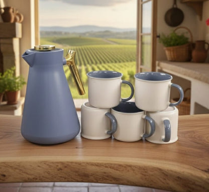 7-piece grey breakfast set with six ceramic cups and 1-liter flask
