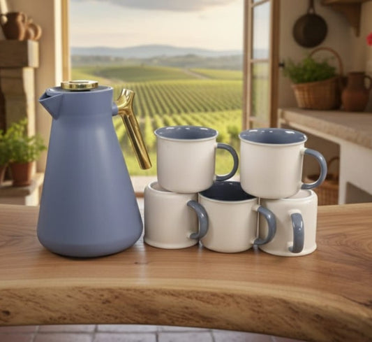 7-piece grey breakfast set with six ceramic cups and 1-liter flask
