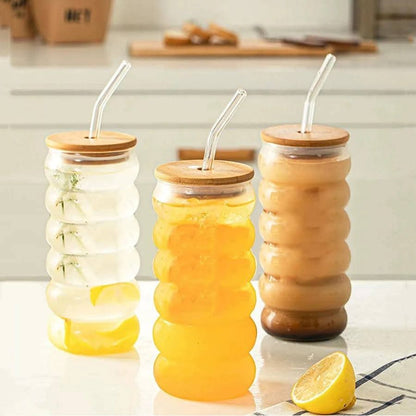500ml Borosilicate ripple wave glass cup with bamboo lid