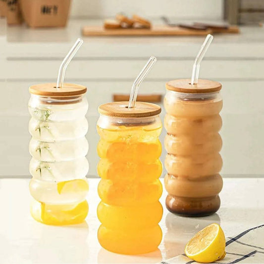 500ml Borosilicate ripple wave glass cup with bamboo lid