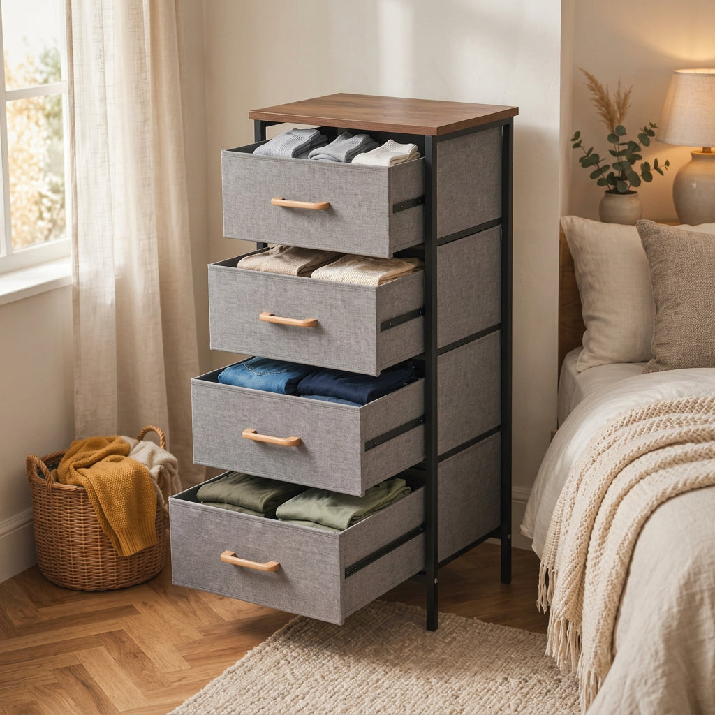 4-Drawer Fabric Storage Cabinet with Wooden Top 94cm