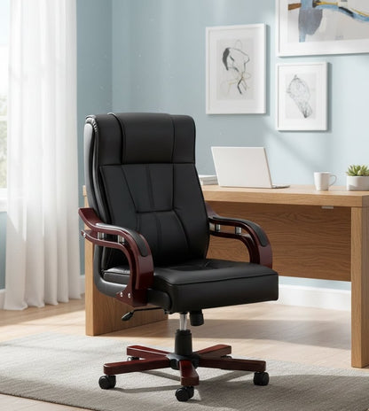 Executive leather office chair with ergonomic support and adjustable features.