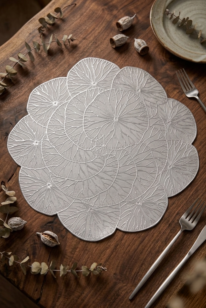 Silver Nordic Lily table mat 38cm for elegant dining table decoration and surface protection