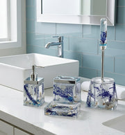Blue acrylic water shell flower bathroom accessories set with dustbin, soap dispenser, holders, and toilet brush