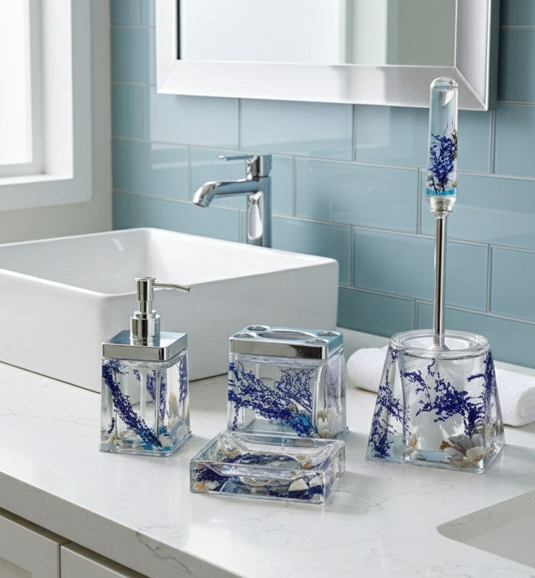 Blue acrylic water shell flower bathroom accessories set with dustbin, soap dispenser, holders, and toilet brush