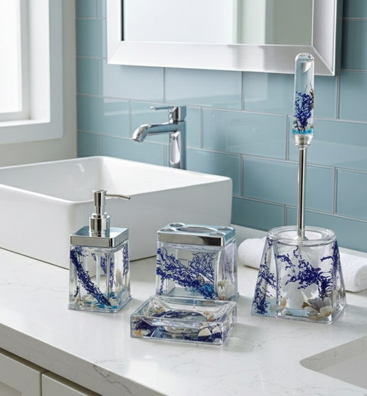 Blue acrylic water shell flower bathroom accessories set with dustbin, soap dispenser, holders, and toilet brush