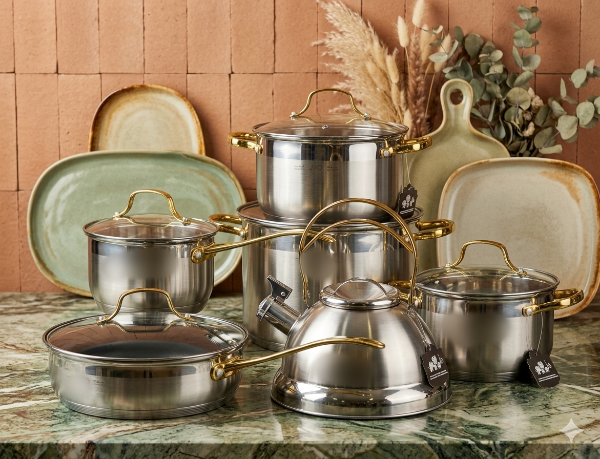 12 Piece stainless steel cookware set with kettle and stainless steel lids for all cooktops
